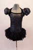 Charcoal crackle stone textured bodice has black piping and a short sassy pouffe sleeved shrug. The open back has double black bra-like straps that peak out beneath the shrug. A sweet multi layered ruffled lace skirt adds a touch of sweetness. Comes with antenna head band. Front
