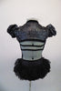 Charcoal crackle stone textured bodice has black piping and a short sassy pouffe sleeved shrug. The open back has double black bra-like straps that peak out beneath the shrug. A sweet multi layered ruffled lace skirt adds a touch of sweetness. Comes with antenna head band. Back