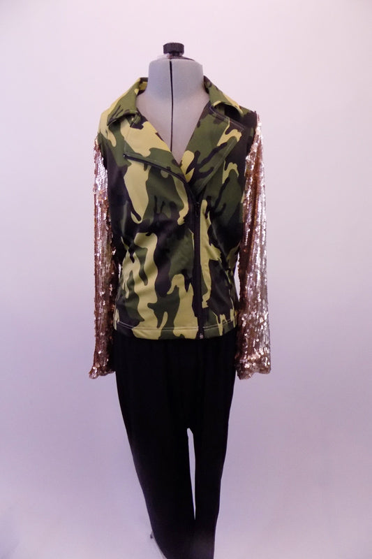 Black parachute pants are paired with a camouflage print front zip, lapelled jacket with sequined gold lame sleeves. Front