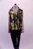 Black parachute pants are paired with a camouflage print front zip, lapelled jacket with sequined gold lame sleeves. Front