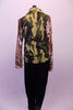 Black parachute pants are paired with a camouflage print front zip, lapelled jacket with sequined gold lame sleeves. Back