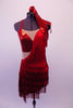 Sassy red salsa dress has red sequined right bust inlaid over nude mesh. The left side and asymmetrical skirt are comprised of layers of red fringe. The low back has a sequined wide band across the center of the back with cross straps. Comes with red sequined tie.  Front