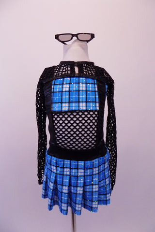 Blue & white tartan dress has pleated kilt style short shirt linked to the matching bra top via a large holed black fishnet torso. Leatherette suspenders originate from the skirt waistband & sit below a long-sleeved black fishnet shrug. Comes with large nerd glasses & fishnet thigh-high stockings with tartan trim. Front