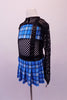 Blue & white tartan dress has pleated kilt style short shirt linked to the matching bra top via a large holed black fishnet torso. Leatherette suspenders originate from the skirt waistband & sit below a long-sleeved black fishnet shrug. Comes with large nerd glasses & fishnet thigh-high stockings with tartan trim. Side