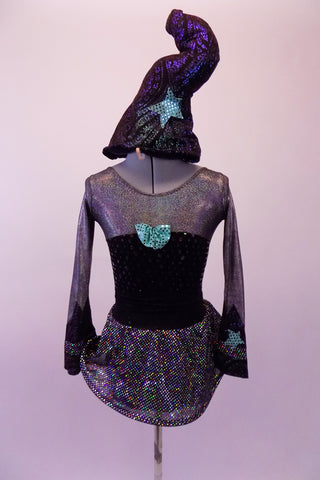 Iridescent silver dress has long sleeves and a black velvet polka dot torso. The skirt has a looping tubular edge. The green star and purple swirl accent and details give this costume a little extra pizazz. Comes with a black and purple swirled sorcerer’s hat with green star detail. Front