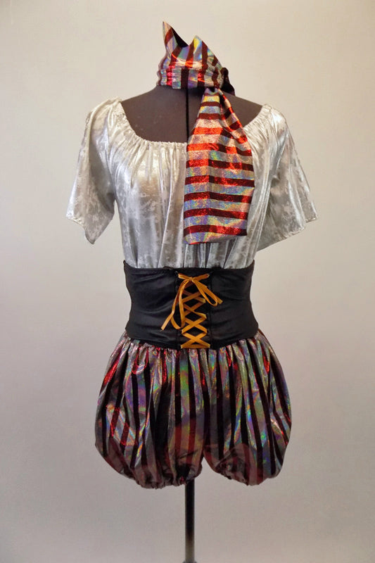 Pirate themed costume comes with silvery white short-sleeved blouson top and burgundy silver striped bloomer shorts. The pull-on black stretch belt has a faux gold laced corset accent. Comes with a matching striped head scarf.  Front