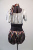 Pirate themed costume comes with silvery white short-sleeved blouson top and burgundy silver striped bloomer shorts. The pull-on black stretch belt has a faux gold laced corset accent. Comes with a matching striped head scarf. Back