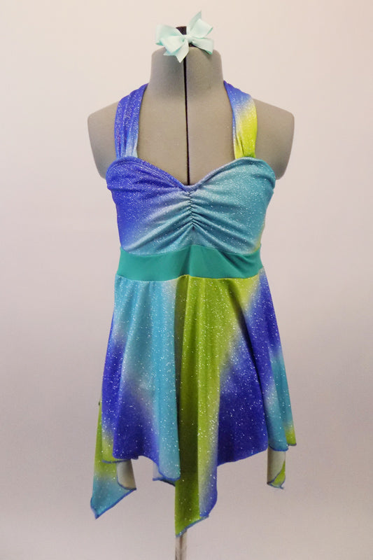 Streaks of blue, aqua and green comprise this sweetheart cut halter dress with gathered bust and turquoise band beneath the bustline. The neck ties at back. Comes with a separate brief and aqua hair bow. Front