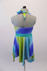 Streaks of blue, aqua and green comprise this sweetheart cut halter dress with gathered bust and turquoise band beneath the bustline. The neck ties at back. Comes with a separate brief and aqua hair bow. Back