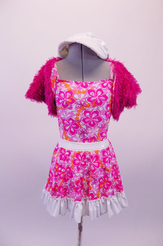 Sweet 60s inspired three-piece costume has a pink, orange and white large floral pattern leotard and matching short circle skirt accented with white leatherette waistband and ruffle. Comes with a white poor-boy hat. Front     