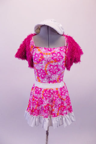 Sweet 60s inspired three-piece costume has a pink, orange and white large floral pattern leotard and matching short circle skirt accented with white leatherette waistband and ruffle. Comes with a white poor-boy hat. Front     