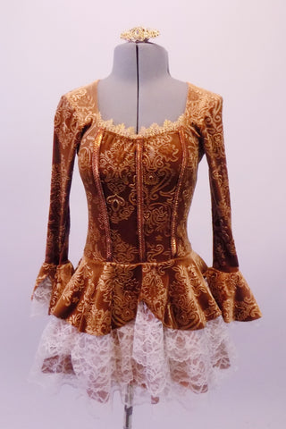Beautiful caramel coloured Victorian style long sleeved velvet dress has a delicate paisley pattern and faux front boning. The trumpet sleeves and peplum waist are edged in layers of wide ivory lace. Can be used on its own or over top of a platter tutu. Front