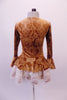 Beautiful caramel coloured Victorian style long sleeved velvet dress has a delicate paisley pattern and faux front boning. The trumpet sleeves and peplum waist are edged in layers of wide ivory lace. Can be used on its own or over top of a platter tutu. Back