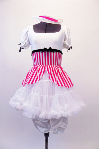 Mary Poppins themed four-piece costume has a pink & white striped leotard with white bust & pouffe sleeves with black velvet bow trim accent. The skirt is comprised of a pull-on striped overlay that sits on top of a fluffy white petticoat. The knee length satin bloomer completes the look. Comes with a white straw hat. Front