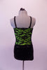 Beautiful black lace and sequined halter neck, short unitard has a green base beneath the sequined lace. The attached shorts are black sequined with lace waistband. Comes with a black floral hair accessory. Back