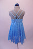 Pretty blue sequined sheer lace costume has an empire waist and gathered bust. The crystal covered double straps cross over at the back and provide a bit of bling. Comes with a floral hair accessory. Back