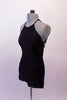 Unique black halter neck, short unitard has a simple front but an intricate back comprised of a series of straps in varying lengths to resemble a curved ladder. Side
