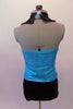 Glittery turquoise halter vest top has black lapels, button accents and an attached necktie collar. The costume comes with black bootie shorts. Back