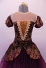 Stunning baroque style ballet dress is a burgundy base with gold brocade print & sheer nude illusion neckline above inlay pop. The matching pull-on peplum overlay with a wide waistband sits over top of a burgundy tulle romantic tutu skirt. The low scoop back and separate pull-on pouffe sleeves finish the look. Front zoomed