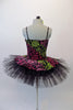 Pretty black pleated six-layer platter tutu has an attached bodice and overlay adorned with a glittery rose floral pattern in shades of pink, green and fuchsia. Comes with a green floral hair accessory. Back
