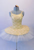 Ivory pleated six-layer platter tutu has a gorgeous creamy gold beaded lace attached bodice and overlay. Comes with a floral hair accessory. Front
