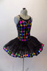 Pleated six-layer platter tutu has an attached bodice and overlay.  The colourful harlequin bodice has a faux sweetheart neckline lined with crystals and a wide matching harlequin trim in the black overlay. Comes with a crystal hair accessory. Side