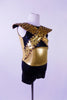 Short black and gold unitard has a black crystalled cross-over Egyptian Pharoh collar with padded shoulders. The large open keyhole back is a nice feature. Comes with a hair accessory. Side