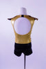 Short black and gold unitard has a black crystalled cross-over Egyptian Pharoh collar with padded shoulders. The large open keyhole back is a nice feature. Comes with a hair accessory. Back
