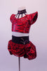 Two-piece black & red tiger stripe costume has a choker style collar attached by a series of straps covered in Swarovski crystals. The padded shoulders create a dramatic flair. The matching bottom is a high-waisted brief with crystal designs & pouffe bustle. Has red lace draping at the front. Comes with hair accessory. Side