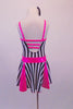 Sweet black and white vertical striped dress had bright pink inlays in the skirt, a pink waistband and crystal crystal-lined, pink binding. The front of the dress is lined with Swarovski crystals as are the triple back straps. Comes with matching striped hair bow and pink gauntlets. Back