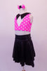 50’s inspired two-piece costume has a black knee-length circle skirt paired with a cute pink and white polka dot half top with black collar covered in each dot with Swarovski crystals. To complete the outfit there are black stretch footless socks with pink bows, pink polka dot wristlets and matching polka dot hair bow. Side