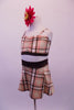 Two-piece tartan costume is a blend of cream brown, white and red. The brown banding along the bust compliments the waistband of the faux wrap short skirt. Comes with a floral hair accessory. Side