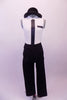 Dress shirt inspired white closed front leotard with deep open back has a faux black tie and pocket accent. The matching black stretch dress pants have belt looped waist and faux back pocket flaps. Comes with a black bowler hat. Front