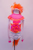 Magical horse themed costume is a white sequined leotard with a ruffled collar of pink and orange. The ruffles compliment the orange & pink criss-cross pattern center torso. The back has an orange tulle ruffle & large boa feather tail. The hat has ears and orange mane. Front