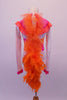 Magical horse themed costume is a white sequined leotard with a ruffled collar of pink and orange. The ruffles compliment the orange & pink criss-cross pattern center torso. The back has an orange tulle ruffle & large boa feather tail. The hat has ears and orange mane. Back without mane