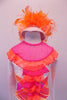 Magical horse themed costume is a white sequined leotard with a ruffled collar of pink and orange. The ruffles compliment the orange & pink criss-cross pattern center torso. The back has an orange tulle ruffle & large boa feather tail. The hat has ears and orange mane. Front torso zoomed