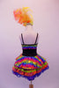 Rainbow coloured dress has black sequined waistband and crystal-lined bustline. The attached skirt has colourful layered, sequin edged ruffles of red, blue and green. Comes with large colourful feather hair accessory. Back