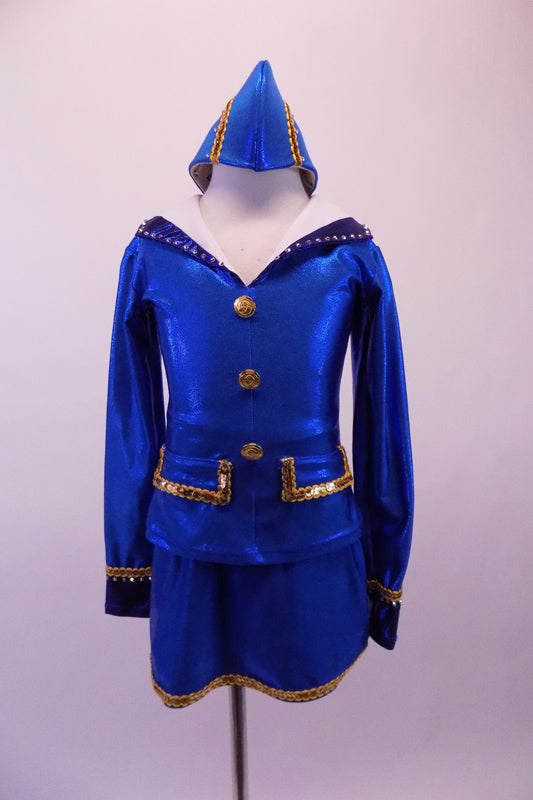 Royal blue flight attendant costume has slit short skirt and long-sleeved jacket with gold buttons and braided trim. The large white and blue crystal lined collar and deep blue cuffs add that much-needed detail. The costume is completed by a blue and gold airline hat. Front