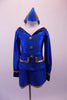 Royal blue flight attendant costume has slit short skirt and long-sleeved jacket with gold buttons and braided trim. The large white and blue crystal lined collar and deep blue cuffs add that much-needed detail. The costume is completed by a blue and gold airline hat. Front