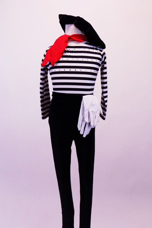 Parisian mime inspired costume has a black and white striped long sleeved leotard with crystal embossed front. The leotard is complimented by black leggings, a black beret, white gloves and a red scarf. Front