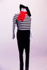 Parisian mime inspired costume has a black and white striped long sleeved leotard with crystal embossed front. The leotard is complimented by black leggings, a black beret, white gloves and a red scarf. Right side