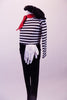 Parisian mime inspired costume has a black and white striped long sleeved leotard with crystal embossed front. The leotard is complimented by black leggings, a black beret, white gloves and a red scarf. Left side