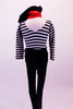 Parisian mime inspired costume has a black and white striped long sleeved leotard with crystal embossed front. The leotard is complimented by black leggings, a black beret, white gloves and a red scarf. Back