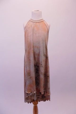 Marble nude halter neck A-line, high-low dress has deep open back and fine gathers at the front to allow the dress to fall perfectly. The longer length of the skirt with the dirt like smudges within the pattern of the fabric, create a saddened soft simple look. Front