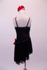 Black sequined dress is lined with crystals along the neckline and straps. The angled skirt is comprised of layers of black fringe lined at the hip by crystals. The left side of the torso from shoulder to hip is covered with a cascade of red 3-D floral sequined appliques. Comes with a red floral hair accessory. Back