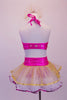 Two-piece costume has bright pink tie-up halter half top with tiny gold tulle ruffling and crystalled design accents at bust and back. The layered white and gold skirt is edged in gold and a purple ribbon with wide pink waistband has a crystal design that compliments the bust. Comes with matching hair accessory. Back