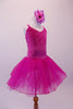 Magenta velvet ballet dress has silver sparkle design within the bodice. The layered tulle skirt has a glitter tulle overlay and cross back straps. Comes with a floral hair accessory. Side