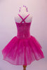 Magenta velvet ballet dress has silver sparkle design within the bodice. The layered tulle skirt has a glitter tulle overlay and cross back straps. Comes with a floral hair accessory. Back
