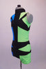 Futuristic short unitard has a turquoise right side and a pale green left side. The two sides are divided by an intricate geometric pattern of black that is a mirror image at the front and zip-close back. Gives the appearance of a mirror or silhouette. Left (green) side