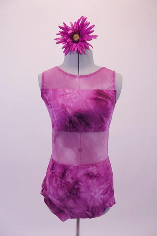 Simple but beautiful purple marbled leotard is sheer purple marble mesh shoulder and mid-front and entirely sheer upper back. Comes with a floral hair accessory. Front